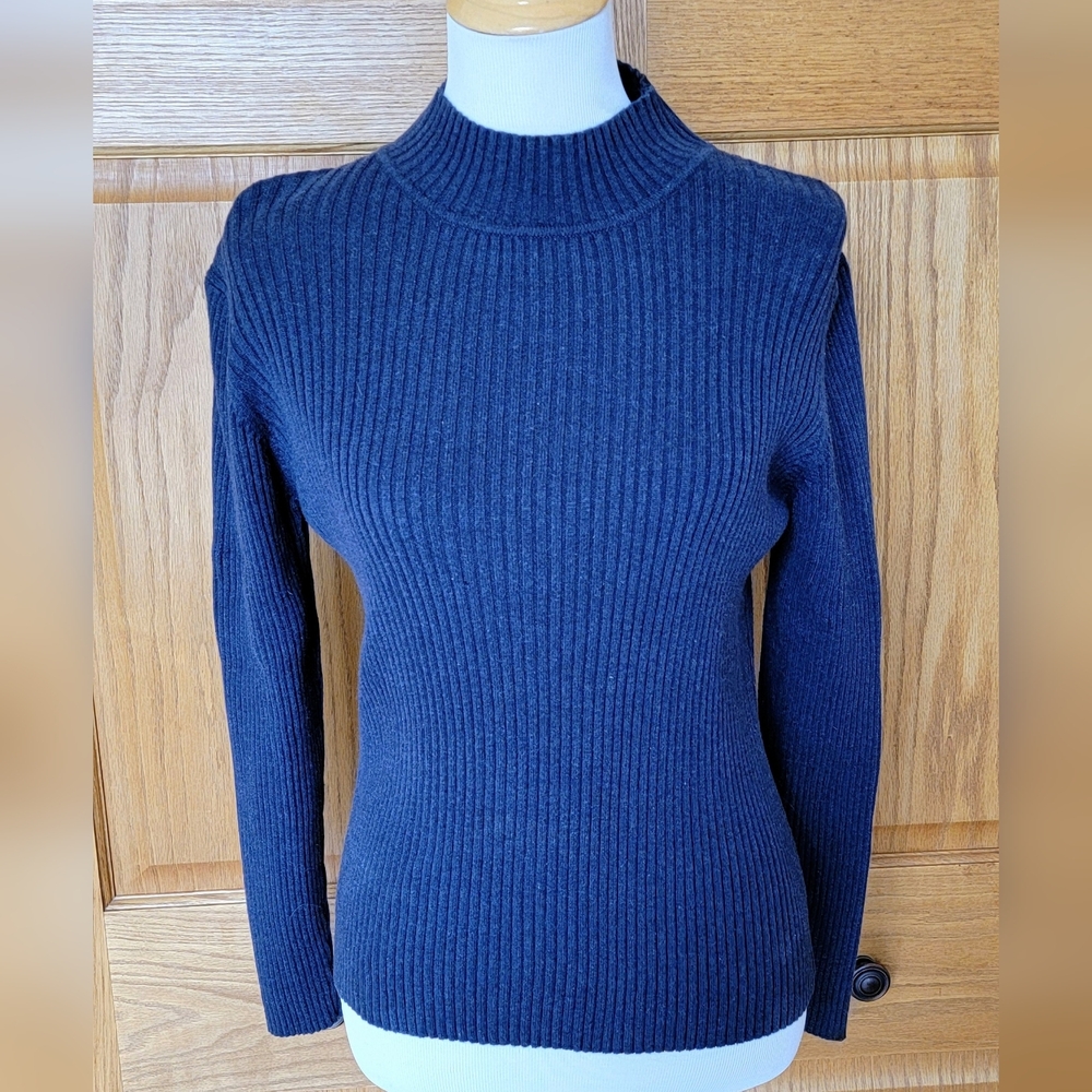 Women's Charcoal Grey Ribbed Knit Mock Turtleneck Long Sleeve Top - Medium
